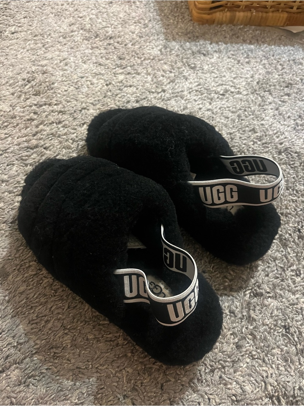 UGG Kids Black Plush Slide with Logo Strap